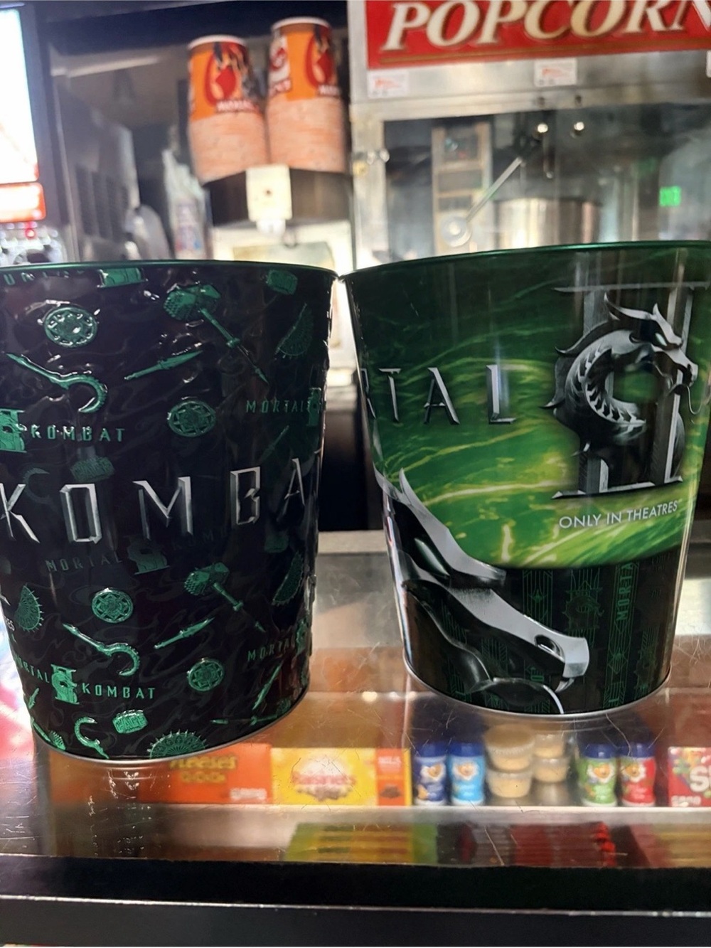 2 sets Mortal Kombat Movie Reusable Popcorn Tins - Green Black 130oz never used